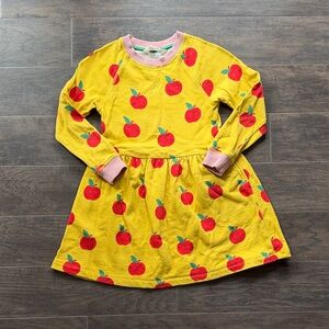 Mini Boden Yellow and Pink neckline and cuffs Knit Sweater Dress with red apples